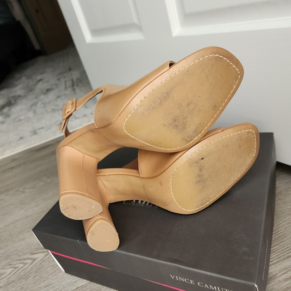 Vince Camuto Tan Leather Open-Toe Block Heel Slingbacks